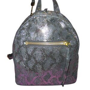 FOSSIL Megan Silver & Black Metallic Python Embossed Leather Backpack & Key